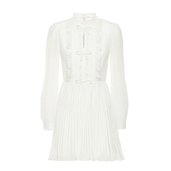 Self-Portrait Crepe Mini Dress White Ruffled Bib Bow Detail Pleated Sz 6 - Picture 2 of 9